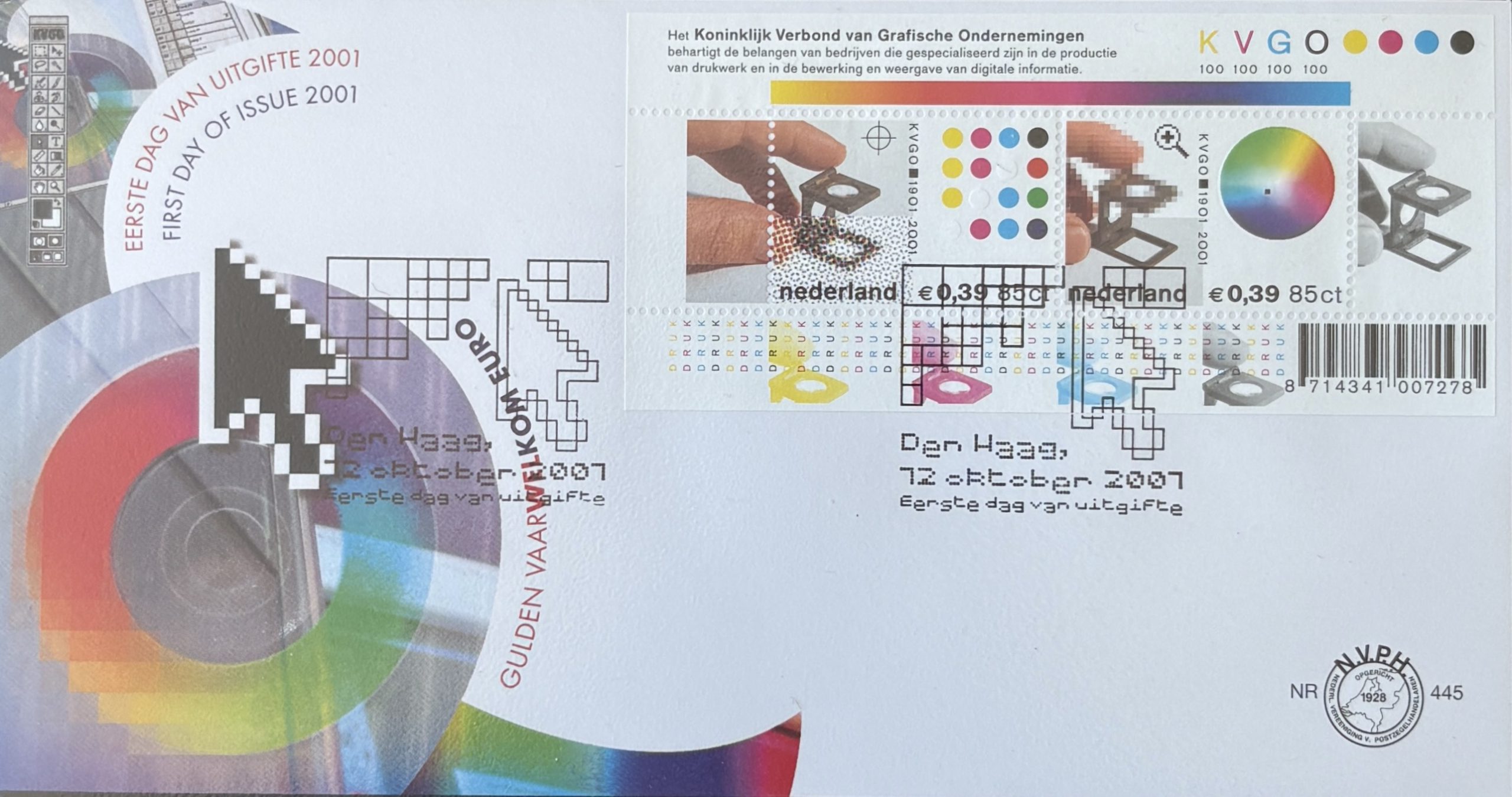 Sobre Primer Día FDC Países Bajos 2001 - Centenario Artes Gráficas KVGO Imprenta NVPH 445