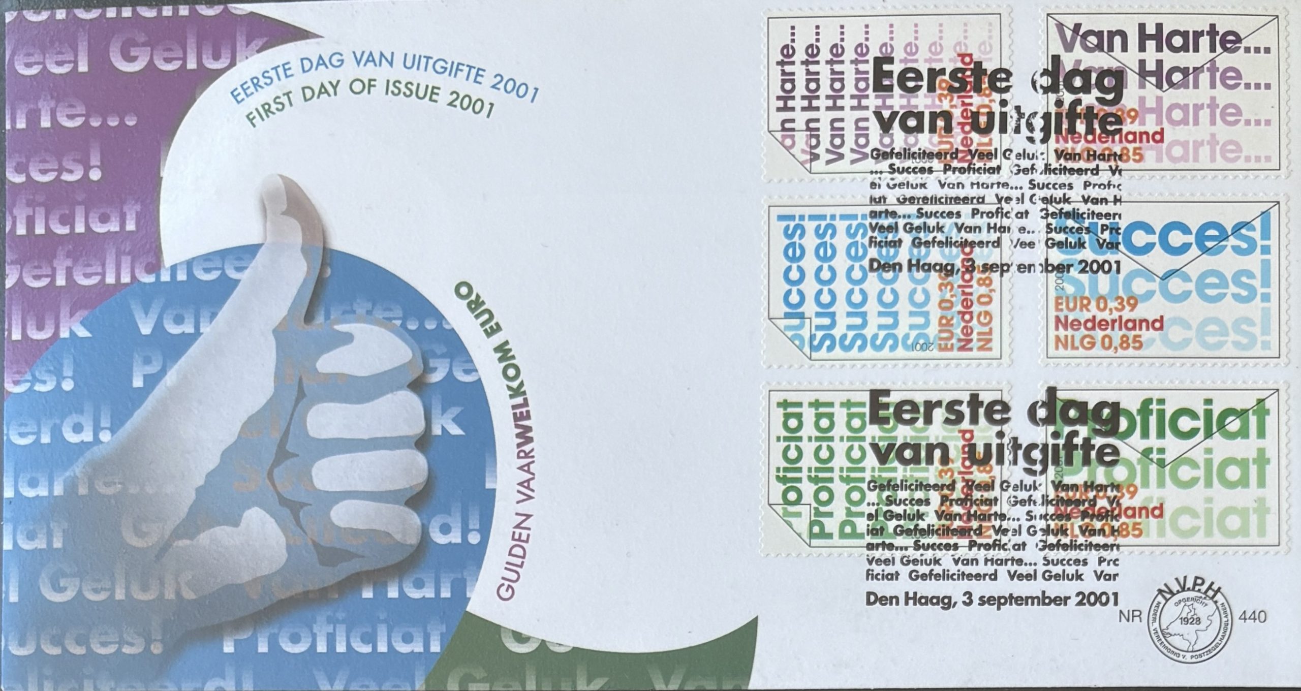Sobre Primer Día FDC Países Bajos 2001 - Felicitaciones Mensajes Tipografía NVPH 440 (Bloque I)