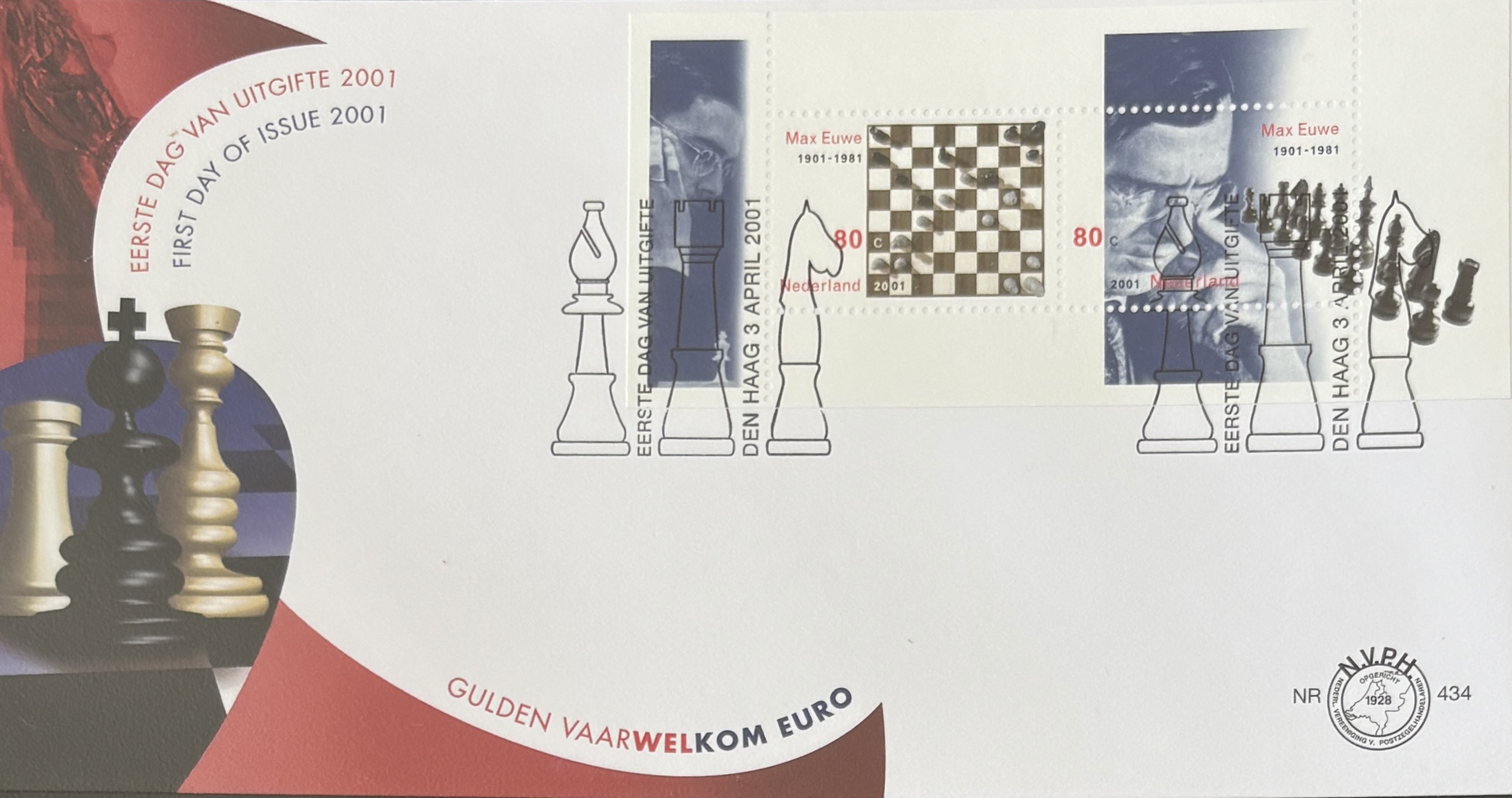 Sobre Primer Día FDC Países Bajos 2001 - Centenario Max Euwe Ajedrez NVPH 434