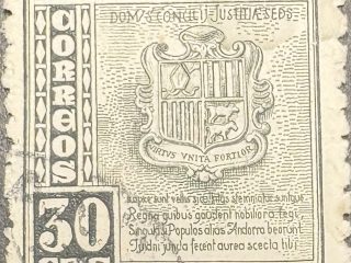 Sello Andorra 1948 - escudo de armas - 30 céntimos Usado - Gris