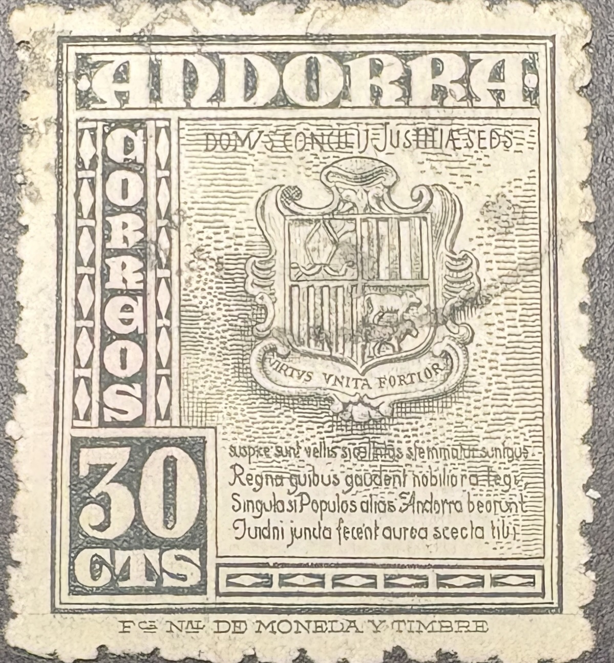 Sello Andorra 1948 - Escudo de Armas - 30 cts Gris Usado