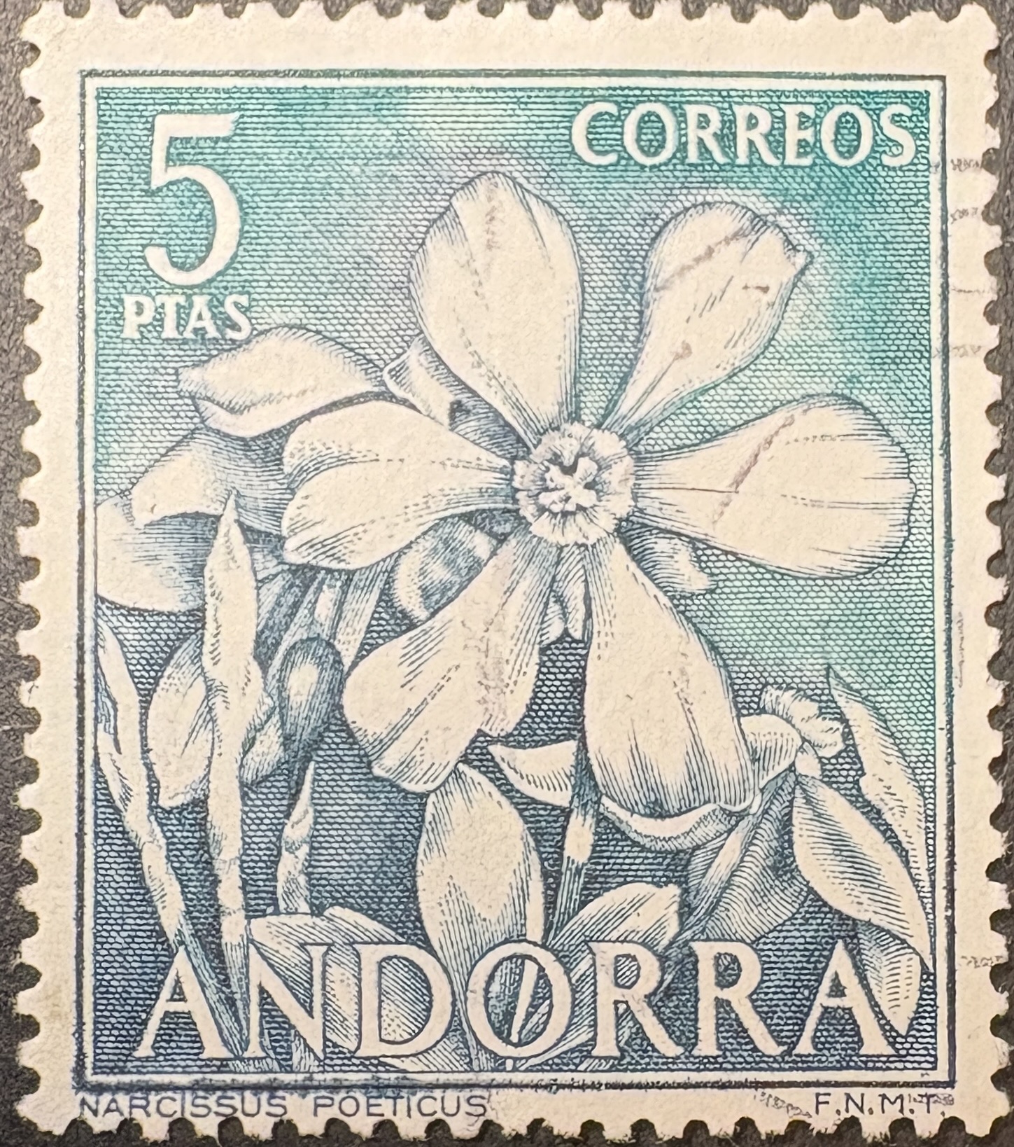 Sello Andorra 1966 - Narciso - 5 Ptas Usado - Verde y Azul