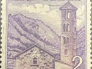 Sello Andorra 1963 - Iglesia Sta Coloma - 2 Ptas Lila - Usado