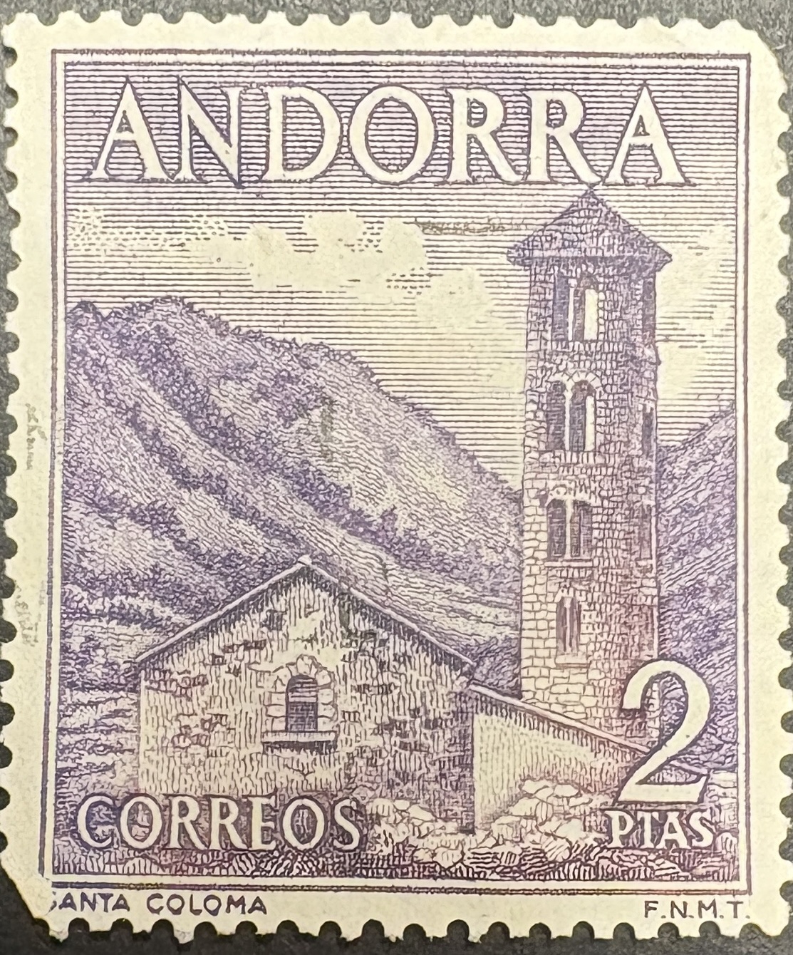 Sello Andorra 1963 - Iglesia Sta Coloma - 2 Ptas Lila - Usado