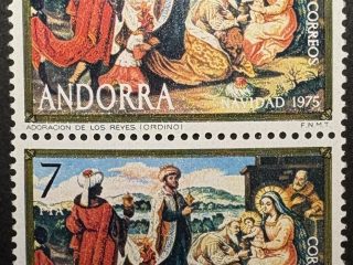 Par sellos Andorra 1975 - Adoración de los reyes - 7 Ptas Nuevos