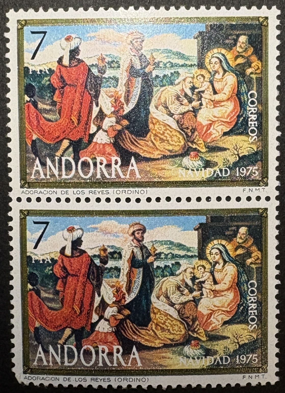 Par sellos Andorra 1975 - Adoración de los reyes - 7 Ptas Nuevos